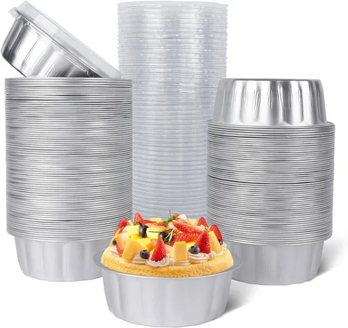 Vista 46 de Beasea Ramequines desechables con tapas, paquete de 50 tazas de papel de aluminio para hornear de 8 onzas, 235ml con tapas, moldes de aluminio