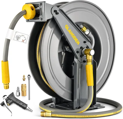GLAHODEN Carrete de manguera de aire de doble brazo de 50 pies retráctil, manguera híbrida de 1/2 pulgada, carrete de manguera de compresor de aire