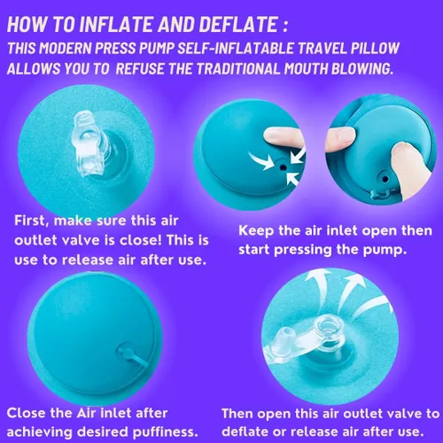 Vista 4 de Almohada inflable de viaje - Tamaño de bolsillo - Almohada de camping - Almohada de avión - con máscara de ojos 3D y tapones para los oídos