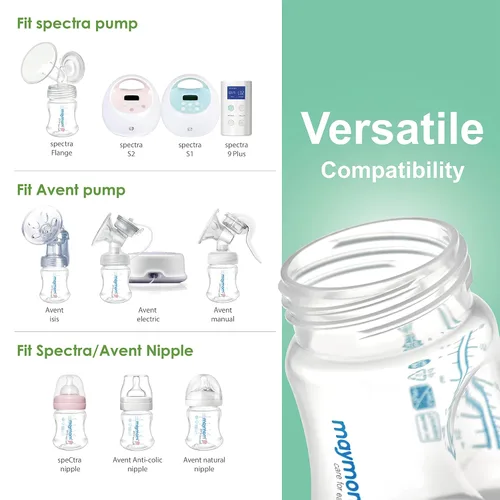 Vista 2 de Maymom Botella de recolección de leche de boca ancha con tapa de cúpula, parte superior de botella, disco SureSeal; compatible con botellas Spectra