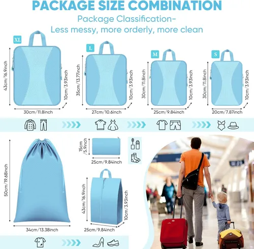 Vista 4 de Juego de 8 cubos de compresión para equipaje de viaje, accesorios de viaje de compresión, organizadores de embalaje expandibles para equipaje