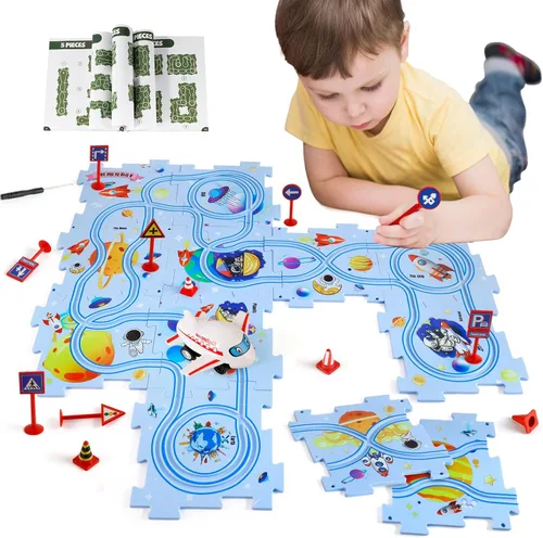Vista 9 de Juego de Pista de Rompecabezas de Coches con 12 Figuras de Dinosaurios, Rompecabezas de Suelo de Vagón de Plástico para Niños de 3-5 Años