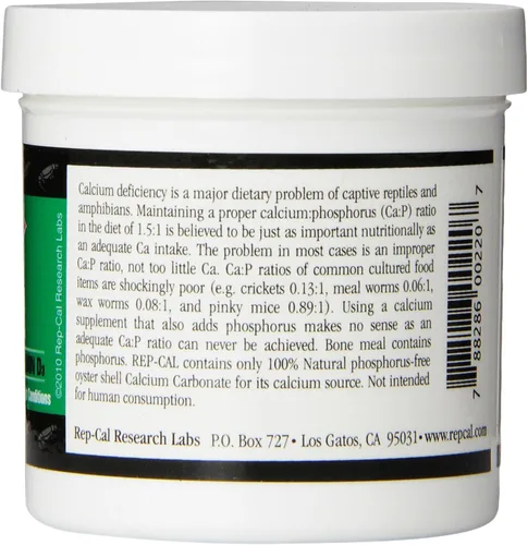Vista 2 de Rep-Cal 52298 Suplemento de reptil/anfibio en polvo de calcio sin fósforo sin vitamina D3, 4.1 oz, blanco