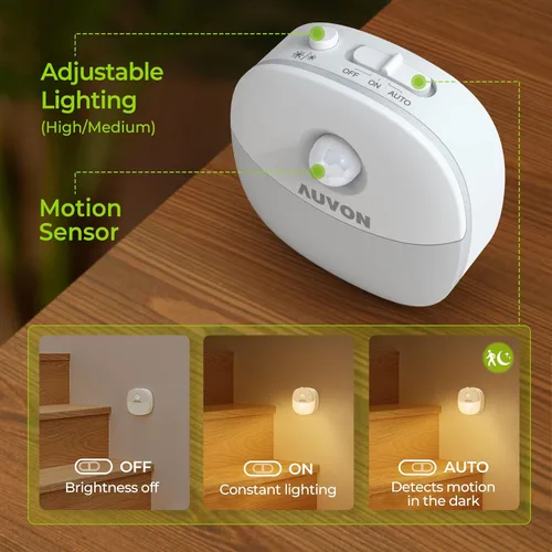 Vista 3 de AUVON - Luz nocturna recargable con sensor de movimiento, luz LED blanca cálida autoadhesiva para armario con sensor de atardecer a amanecer, brillo