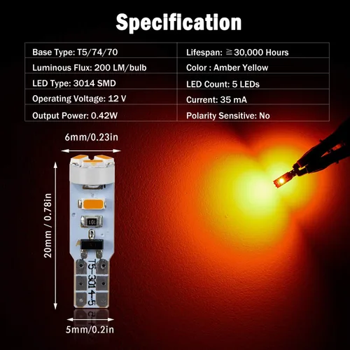 Vista 2 de 10X Bombillas LED T5 Ámbar Amarilla Canbus Sin Errores 3014 Chipsets 74 2721 37 PC74 70 73 17 Bombillas LED para Interior, Panel de Instrumentos