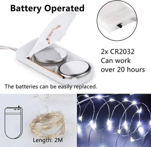 Vista 4 de Paquete de 12 luces de hadas a pilas, 7 pies, 20 LED, impermeable, alambre plateado, luces de Navidad al aire libre, mini luces de luciérnaga