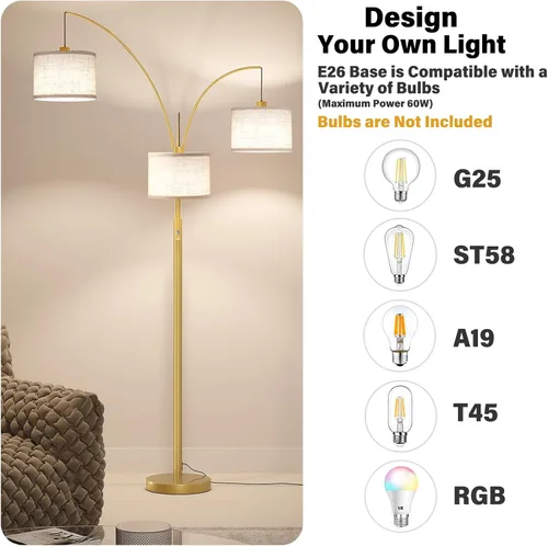 Vista 4 de SUNMORY Lámpara de pie de 3 luces para sala de estar, lámpara de pie de 78 pulgadas de alto con pantalla de tambor colgante, lámparas de pie de arco