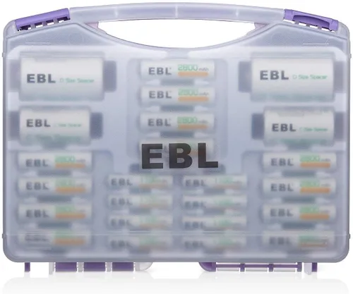 Caja de Batería EBL Purple Super Power Incluye: 12 pilas AA + 8 pilas AAA + 2 adaptadores C/D Púrpura