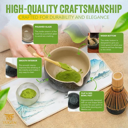 Vista 5 de Juego de batidor de matcha de 7 piezas, incluye 1.06 oz de polvo de matcha de grado ceremonial, tamiz de metal, batidor de bambú, soporte
