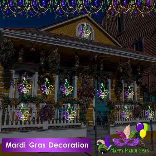 Vista 7 de Rossesay 2 luces de ventana de Mardi Gras, decoración de ventana de Mardi Gras, flor de lis, luz colgante con ventosa, control remoto, funciona