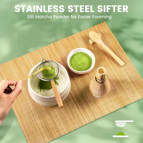 Vista 4 de COANTO Juego de batidor de matcha - Incluye colador, batidor de bambú (Chasen), cuchara de té, soporte para cuchara rosa, cuchara medidora y soporte