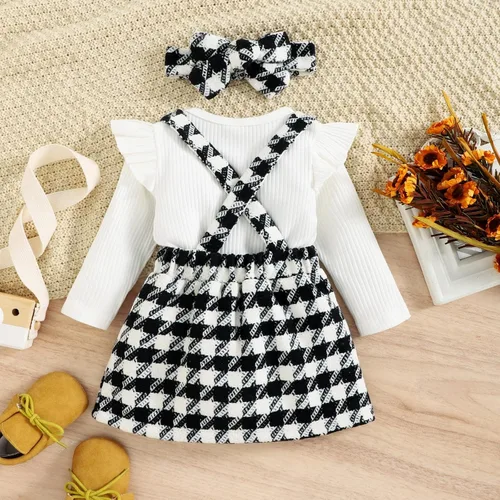 Vista 5 de KAGAYD Conjunto de ropa de otoño e invierno para bebé niña, mameluco acanalado de manga larga con estampado a cuadros, faldas con tirantes