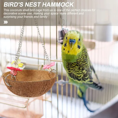 Vista 9 de POPETPOP Nido de pájaro de concha de coco natural – Nido mecedora colgante de pájaro caja nido de loro de coco jaula para pájaros de coco, cabaña