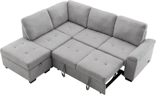 Vista 3 de Sofá cama modular reversible de 87 pulgadas de ancho, juego de muebles de sala de estar, sofá cama esquinero de 4 plazas con cama extraíble, otomana