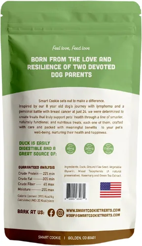 Vista 2 de Smart Cookie Duck Jerky - Golosinas para perros con semillas de lino, aceites omega, tiras hipoalergénicas para perros y cachorros con alergias