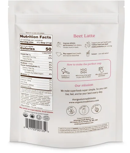 Vista 2 de Organic Traditions Superfood Latte de remolacha, fermentado con extracto de raíz de remolacha, remolacha en polvo con leche de coco y jengibre