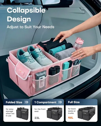 Vista 5 de HOTOR Organizador de maletero plegable para SUVs y sedanes, Rosa, 2 compartimentos, 21.3" x 12.6" x 10.6