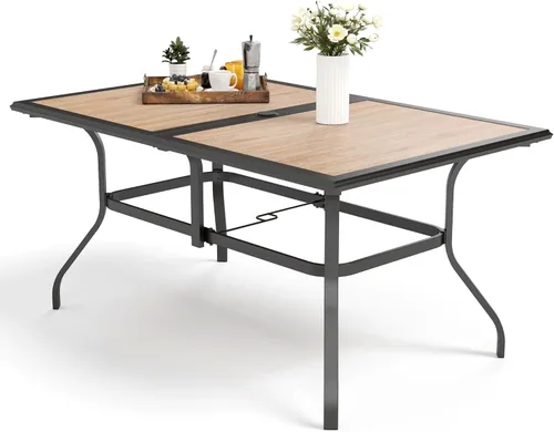 Vista 9 de MFSTUDIO Mesa de comedor de patio al aire libre para 6, mesa rectangular de metal resistente a la intemperie con agujero para sombrilla ajustable