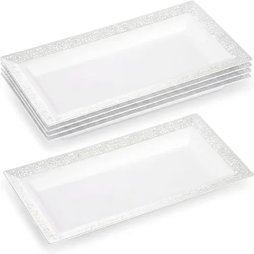 Vista 15 de Bandeja de Servir de Plástico Transparente (Paquete de 4) Bandejas y Platos Desechables Transparentes con Borde Dorado para Servir Alimentos