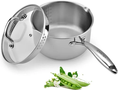 Vista 9 de Cacerola de acero inoxidable con tapa de vidrio, sartén multiusos de 2.0 cuartos de galón, olla con para verter fácilmente con mango ergonómico