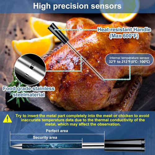Vista 3 de Termómetro inalámbrico para carne Bluetooth con sonda de cerámica: Termómetro digital impermeable para horno y alimentos para parrilla, freidora