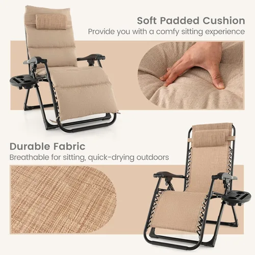 Vista 5 de Giantex Silla Zero Gravity con cojines de patio, silla reclinable plegable ajustable con almohada y soporte para tazas, sillón reclinable de césped