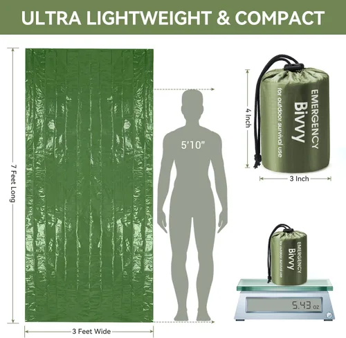 Vista 3 de Esky Emergency Sleeping Bag, Survival Bag Portable Thermal Bivy Sack, Waterproof Lightweight Emergency Blanket Survival Gear with Compass for
