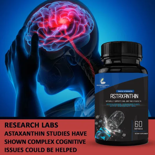 Vista 5 de Research Labs Cápsulas blandas de astaxantina natural de triple fuerza de 12 mg + botella extra de aceite de coco orgánico para una mayor absorción