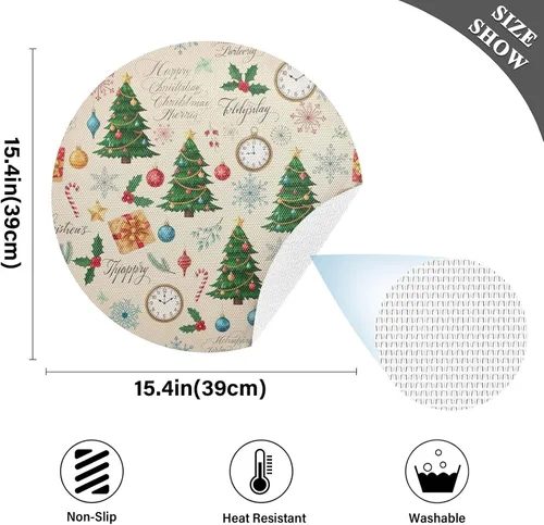 Vista 4 de Christmas Trees Beige Table Place Mats, Heat Resistant Non Slip Dinner Placemats Round for Kitchen one sizex1