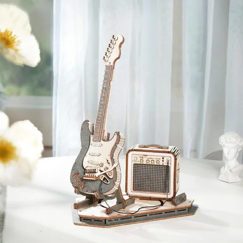 Vista 3 de ROBOTIME Rompecabezas 3D para Niños Kits de Manualidades de Madera Kit de Guitarra Modelo DIY para Construir Rompecabezas Mental Juguete de Puzzle