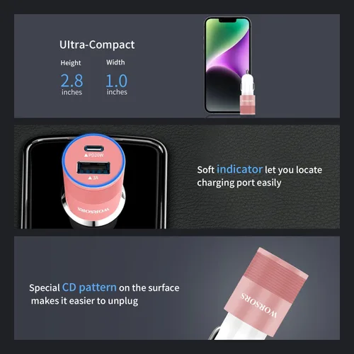 Vista 7 de Worsors Cargador rápido USB C de 35 W para automóvil [certificado Apple MFi] compatible con iPhone 14 Pro/14 Pro Max/14+/13/12/11/Mini/XS/XR/8, Rosa
