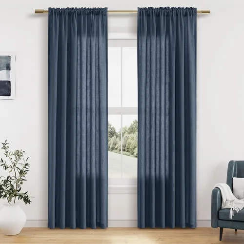 Vista 90 de Guken Cortinas de lino verde aguamarina de 84 pulgadas de largo, juego de 2 paneles semitransparentes con bolsillo para barra para comedor