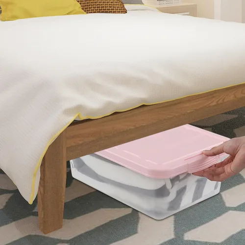 Vista 5 de Caja de almacenamiento de plástico con pestillo de 14 cuartos, contenedor de almacenamiento de plástico debajo de la cama con tapas rosas, 2 paquetes