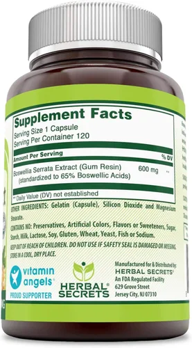 Vista 3 de Extracto de Boswellia Serrata Herbal Secrets (65% de ácidos de boswellia) 0.021 oz 120 comprimidos naturales, paquete de de 1, 1