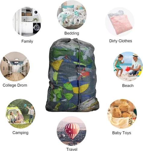 Vista 7 de Bolsas de lavandería de malla resistente de 24 x 36 pulgadas con cierre de cordón, paquete de 3, color negro