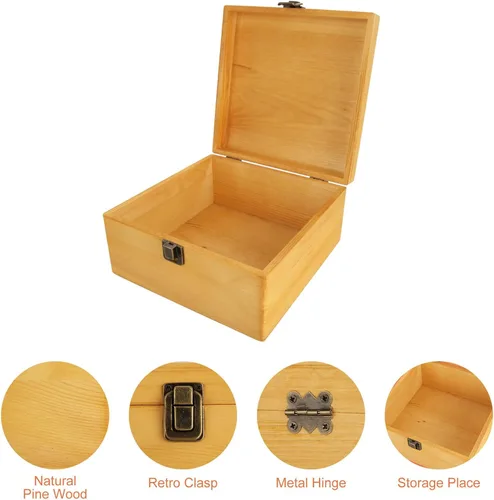Vista 3 de Paquete de 2 cajas de madera con tapa de 7.8 x 7.8 x 4 pulgadas, contenedor de madera con tapa con bisagras y cierre frontal, pequeñas cajas