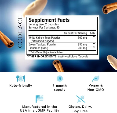 Vista 2 de Codeage Keto Carb, frijol blanco, té verde y corteza de canela, píldoras veganas de triple acción, cetogénica, azúcar de dieta baja
