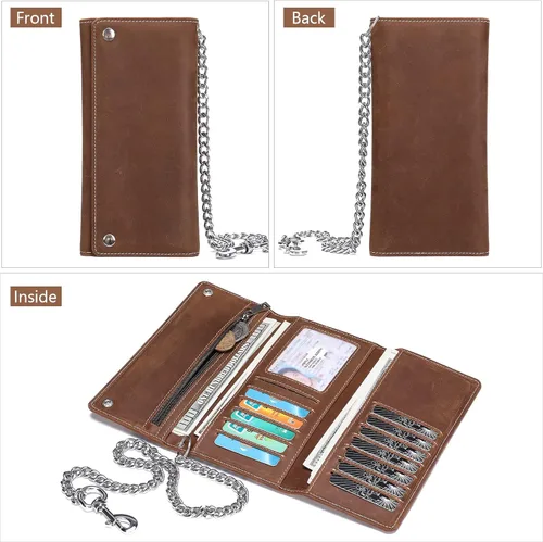 Vista 2 de Cartera de piel auténtica con tres pliegues para hombre con cadena cartera de motociclista con cadena larga y resistente Marrón largo