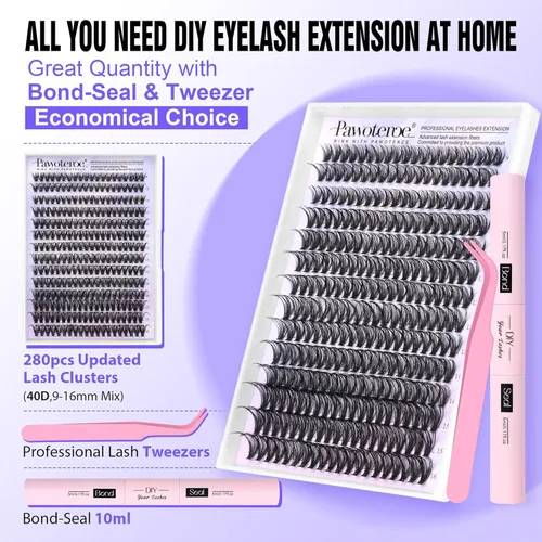 Vista 137 de Kit de extensión de pestañas Pawotence DIY 280 piezas, racimos de pestañas, kit de extensión de pestañas, 9-16mm, 30D, 40D, pestañas individuales