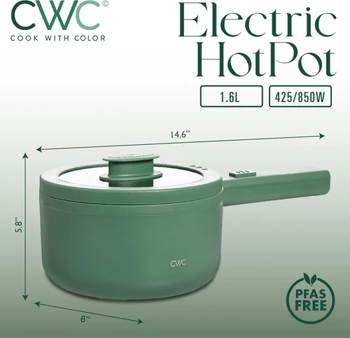 Vista 2 de COOK WITH COLOR Olla Eléctrica Hot Pot, Mini Cocina de 1.6L, Potencia de 700W, Superficie Antiadherente, Protección de Corte Térmico, Perfecta