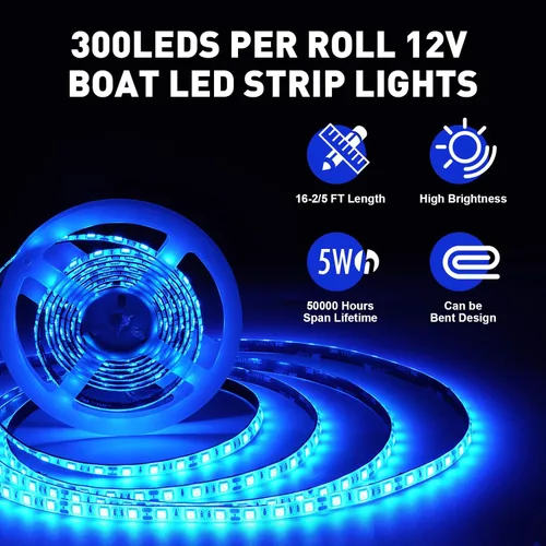 Vista 4 de Pontón - Tira de luces LED marinas, tira de luces LED para barco, 12 V, impermeable, luz interior de cubierta para kayak, barco Jon, lanchas de Azul