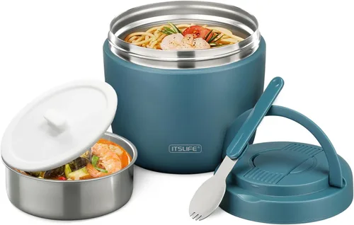Vista 10 de Termo de sopa para comida caliente, contenedor de almuerzo aislado de acero inoxidable de 32 onzas, termo de boca ancha para sopa y alimentos, Negro