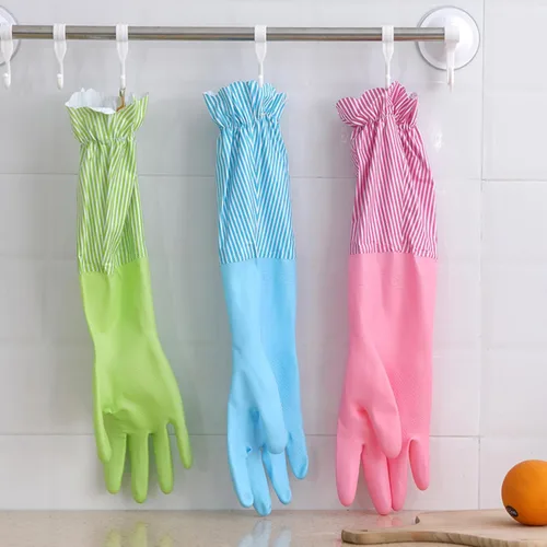 Vista 7 de RARITYUS Guantes de limpieza de cocina para el hogar, guantes de puño largo antideslizantes con forro de algodón impermeable A rosa