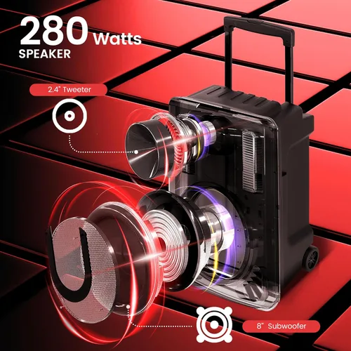Vista 3 de Pyle Sistema de altavoces PA portátil de 8 pulgadas, altavoz PA y karaoke de 280 vatios con dos micrófonos inalámbricos y 1 con cable, transmisión