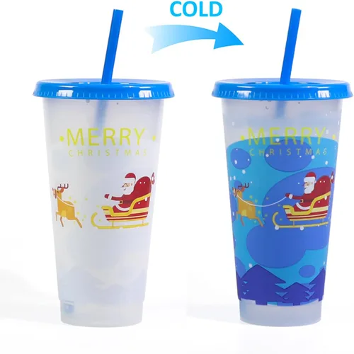 Vista 2 de Vasos navideños que cambian de color con tapas y popotes, paquete de 5 vasos reutilizables de 24 onzas con tapas y popotes, vasos de plástico