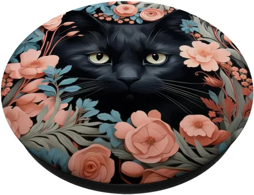 Vista 2 de Lindo gato negro escondido en rosa pastel flores estéticas PopSockets estándar PopGrip