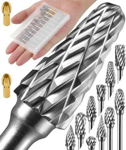 Juego de 10 rebabas de carburo con vástago de 1/8 pulgadas con 2 pinzas compatibles con brocas Dremel Kit de accesorios de herramientas rotativas