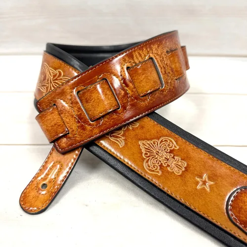 Vista 2 de Walker And Williams GB-23 - Correa de guitarra acolchada con diseño de flor de Lis y cadena francesa para guitarras acústicas, eléctricas y bajas