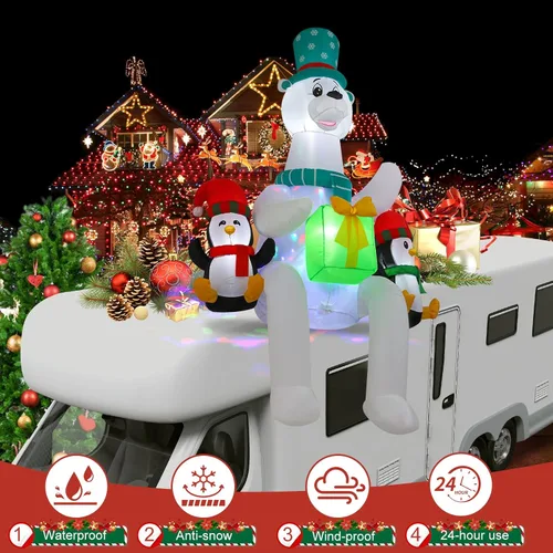 Vista 2 de Decoración inflable de oso polar de 8 pies / 2.4 metros sentado en el techo con luces LED y luces caleidoscópicas, adecuada para decoraciones