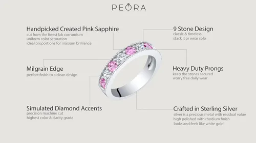 Vista 4 de Peora Sterling Silver 4mm Milgrain Half-Eternity Anniversary Wedding Ring Band for Women, Various Gemstones, Comfort Fit, Sizes 5 to 9